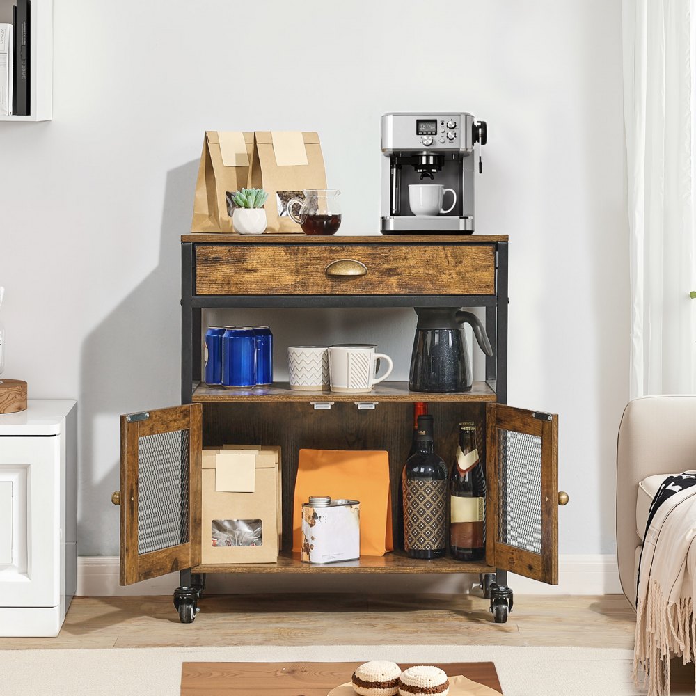 VEVOR Coffee Bar Cabinet, 24 Inch Farmhouse Coffee Bar Cabinet with Storage, Movable Coffee Bar Table with Wheels & Mesh Door, Sideboard Buffet Cabinet for Kitchen, Entryway