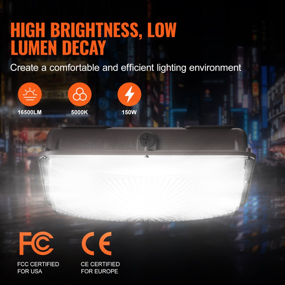 VEVOR LED Canopy Light, 150W, 16500LM 5000K Daylight Commercial Industrial Outdoor Canopy Light, 12.4" x 12.4" Surface Mount Ceiling Lighting for Gas Station Warehouse Garage Street Shop Hotel, IP65