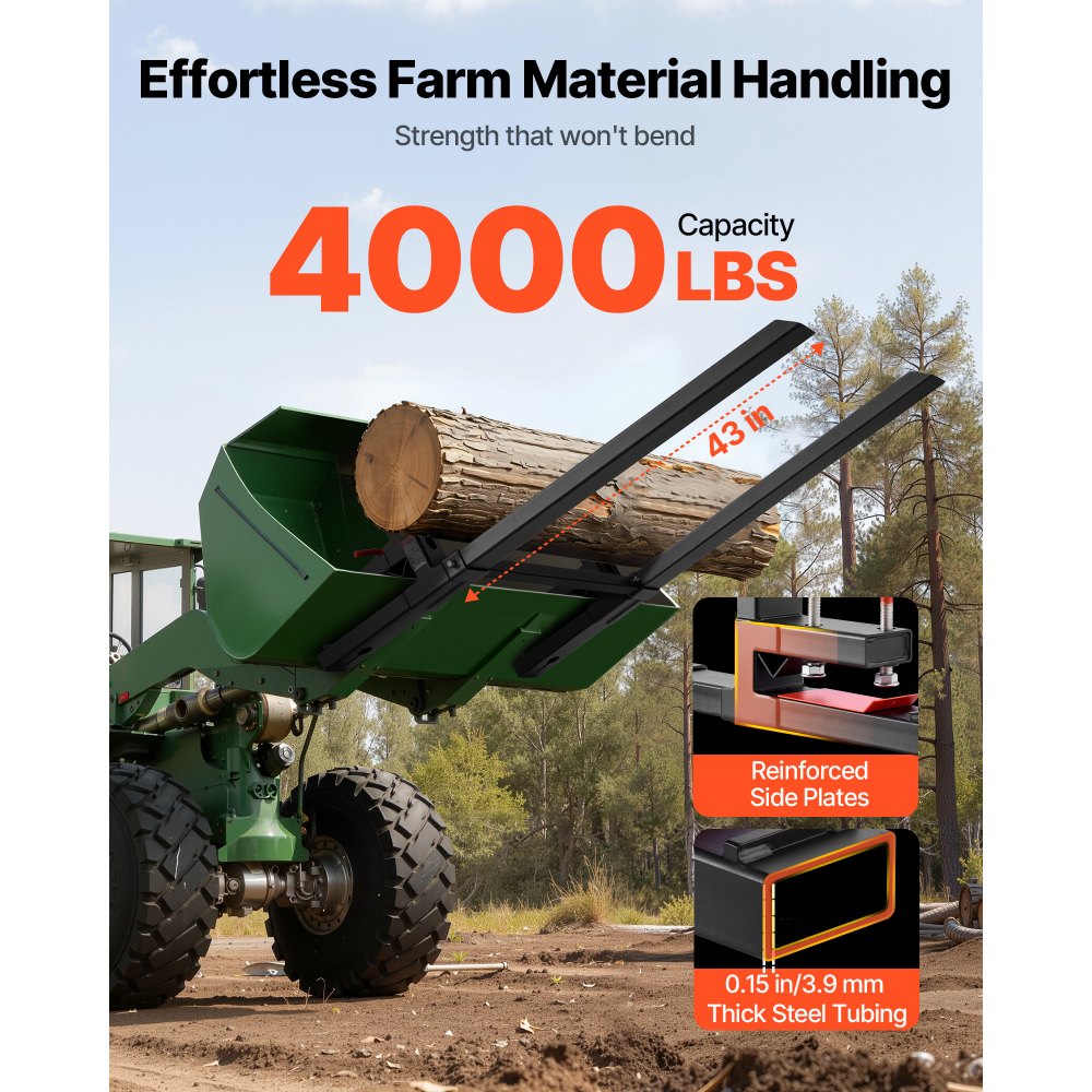 VEVOR Pallet Forks, 4000 lbs Clamp on Pallet Forks, 60-Inch Total Length Heavy-Duty Tractor Fork with Adjustable Stabilizer Bar for Tractor Attachments, Loader Bucket, and Skid Steer, Black