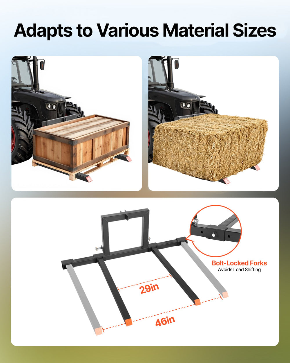 VEVOR Pallet Forks - adjustable material sizes infographic