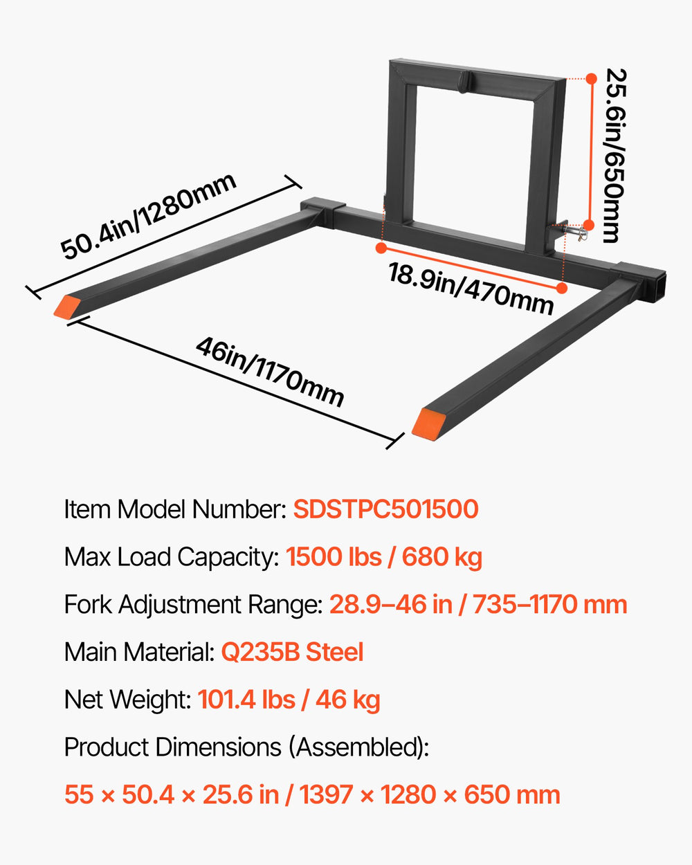 VEVOR Pallet Forks - dimensions and specs infographic