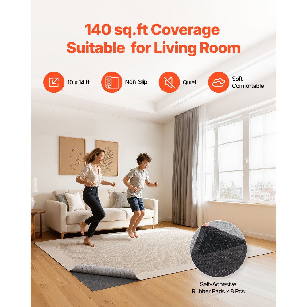VEVOR Rug Pad 10 x 14 ft, Non-slip Carpet Area Pad, Rug Mat Padding with Dual Surface Felt Cushion & Rubber Gripper, Hardwood Floor Protection for All Floors, Finishes, Keeps Carpets in Place
