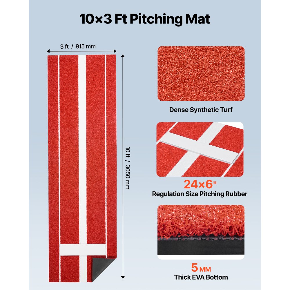VEVOR Softball Pitching Mat, 10x3 ft Baseball Pitching Rubber Mound, Antifade Turf and Antislip Foam Backing Portable Training Aid, Fastpitch Equipment for Pitchers Indoor Outdoor Practice, Red
