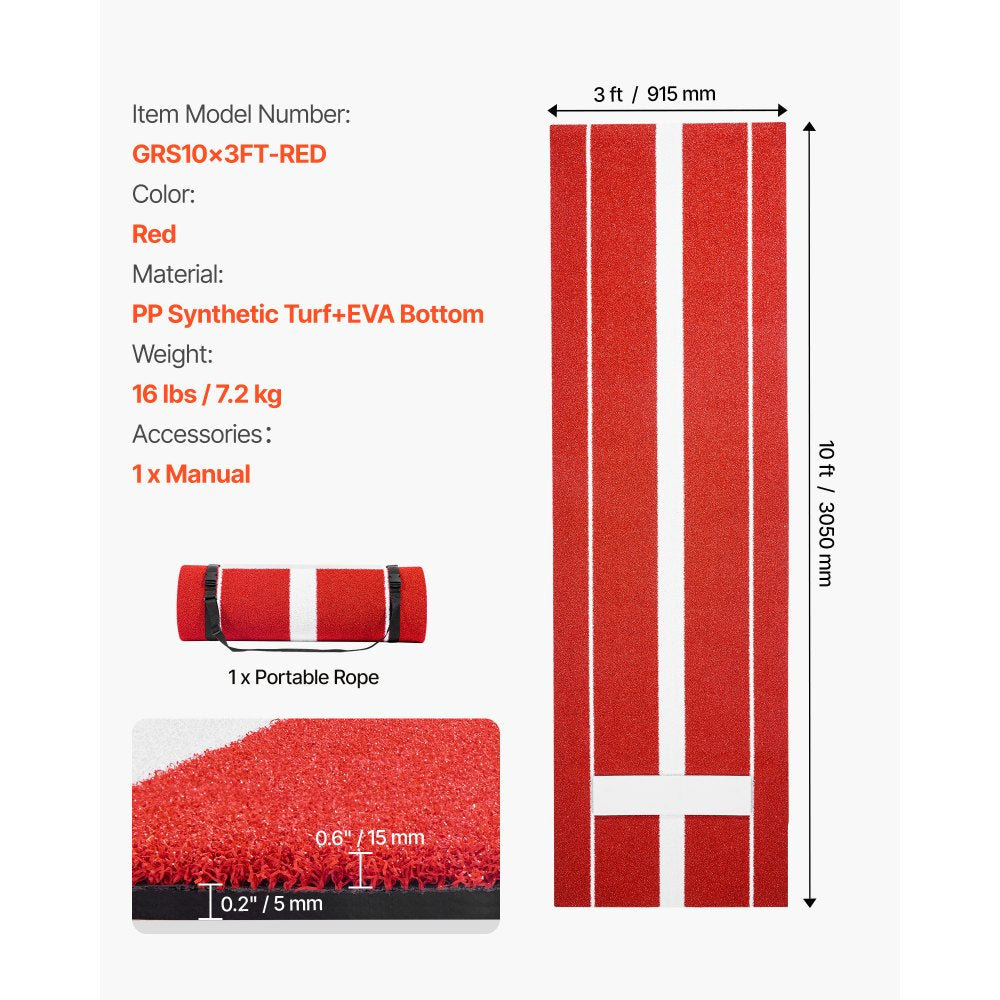 VEVOR Softball Pitching Mat, 10x3 ft Baseball Pitching Rubber Mound, Antifade Turf and Antislip Foam Backing Portable Training Aid, Fastpitch Equipment for Pitchers Indoor Outdoor Practice, Red