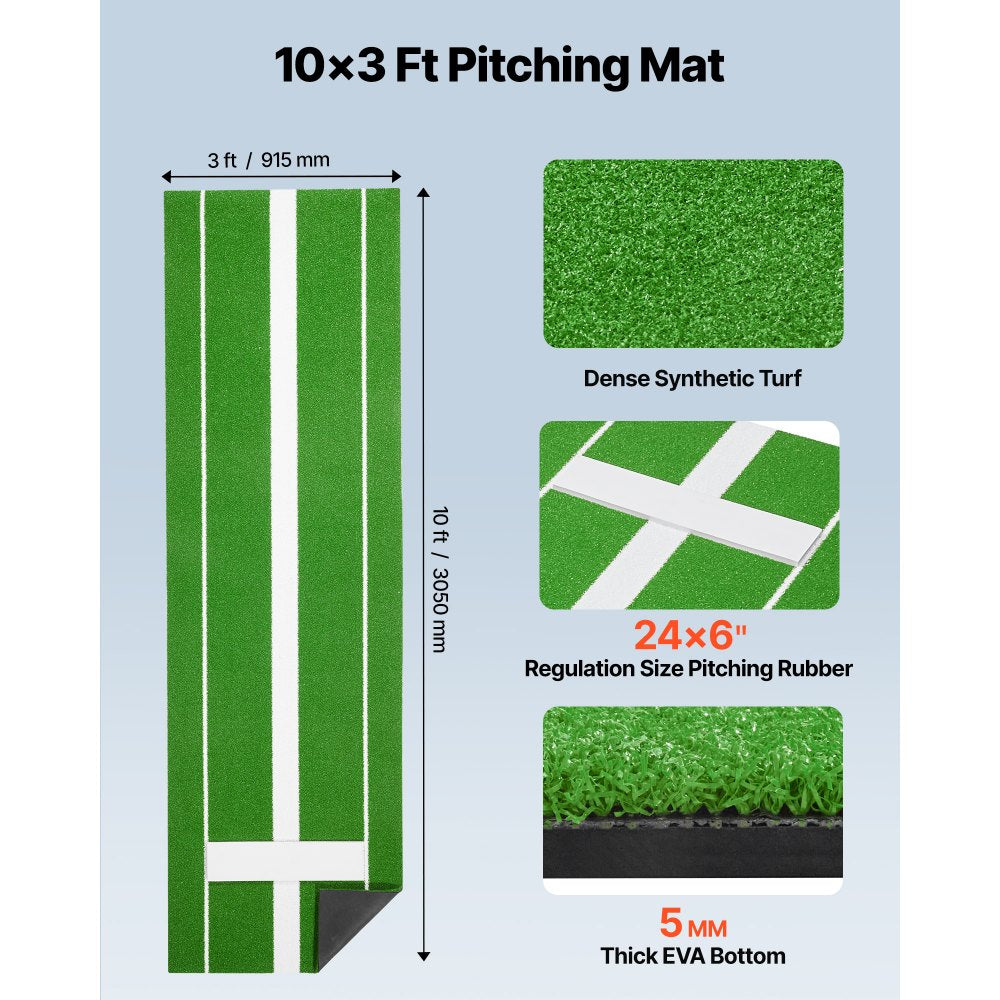 VEVOR Softball Pitching Mat, 10x3 ft Baseball Pitching Rubber Mound, Antifade Turf and Antislip Foam Backing Portable Training Aid, Fastpitch Equipment for Pitchers Indoor Outdoor Practice, Green