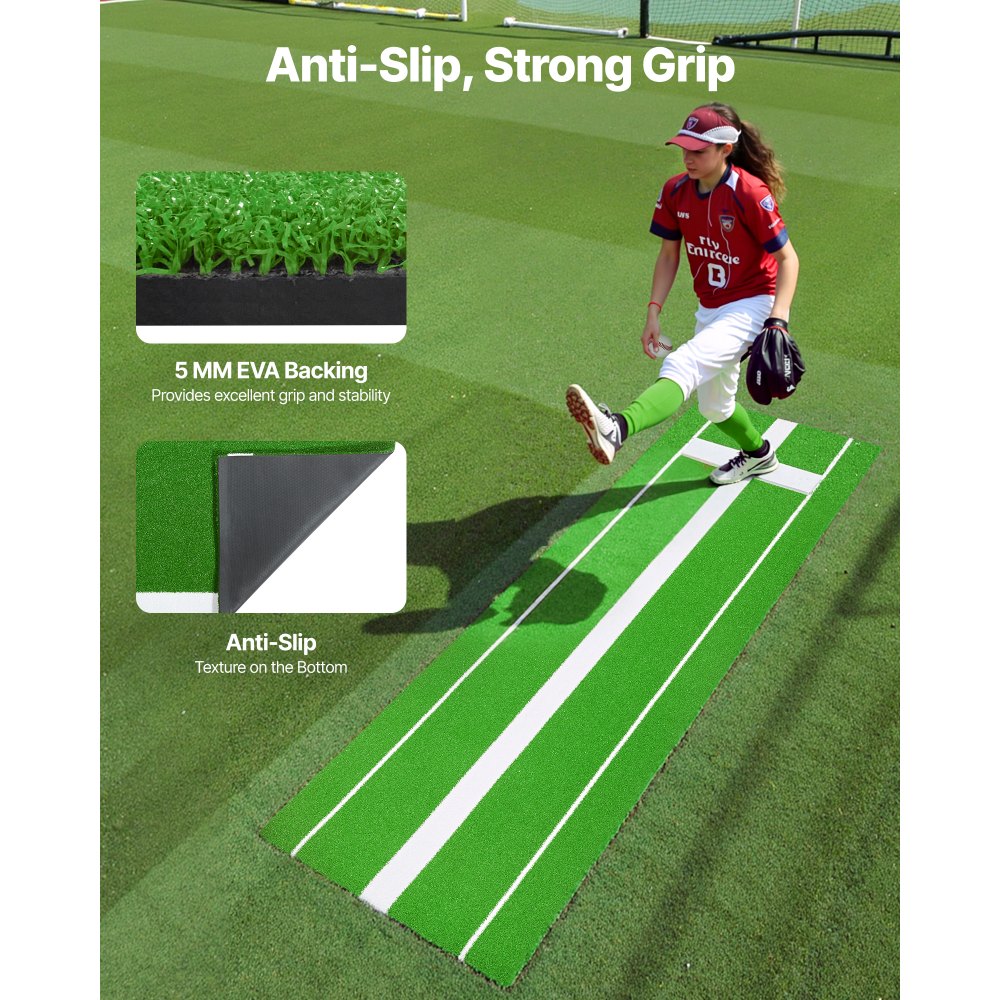 VEVOR Softball Pitching Mat, 10x3 ft Baseball Pitching Rubber Mound, Antifade Turf and Antislip Foam Backing Portable Training Aid, Fastpitch Equipment for Pitchers Indoor Outdoor Practice, Green