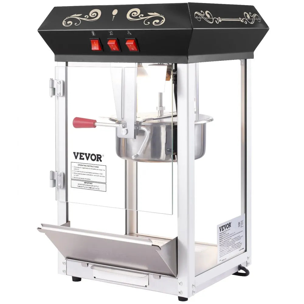 VEVOR Popcorn Maker, 850W Popcorn Popper Machine, 8 Oz Kettle Makes 48 Cups per Batch, Countertop Popcorn Maker with Tempered Glass, Includes 4 Scoops, Movie Theater Style, Black