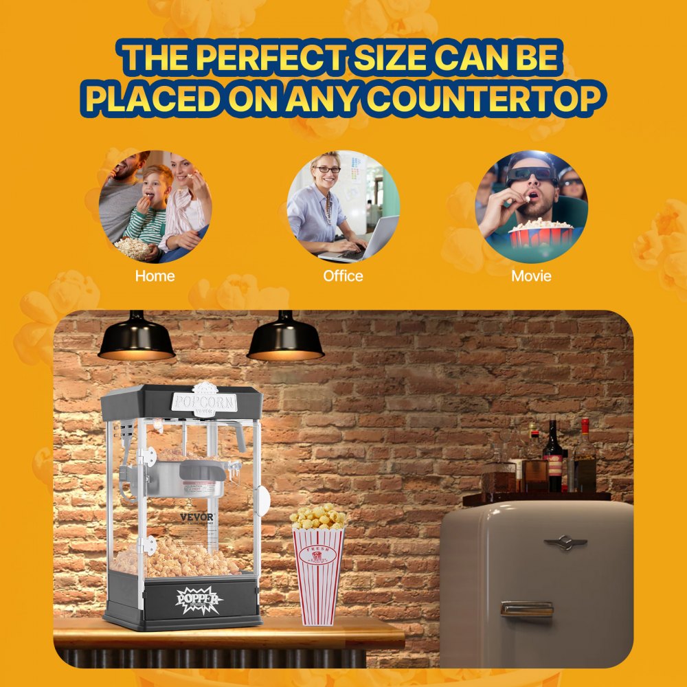 VEVOR Popcorn Maker, 480W Popcorn Popper Machine, 4 Oz Kettle Makes 1.5 Gallon per Batch, Tabletop Popcorn Maker, Includes 3 Scoops, Movie Theater Style, Black