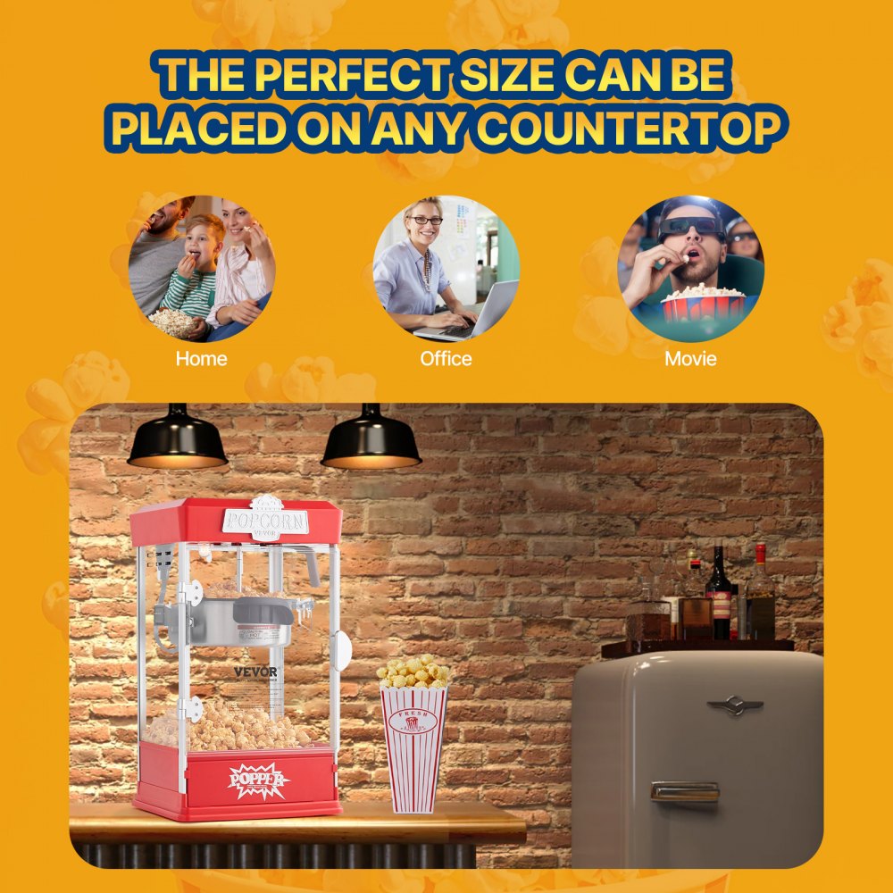 VEVOR Popcorn Maker, 480W Popcorn Popper Machine, 4 Oz Kettle Makes 1.5 Gallon per Batch, Tabletop Popcorn Maker, Includes 3 Scoops, Movie Theater Style, Red