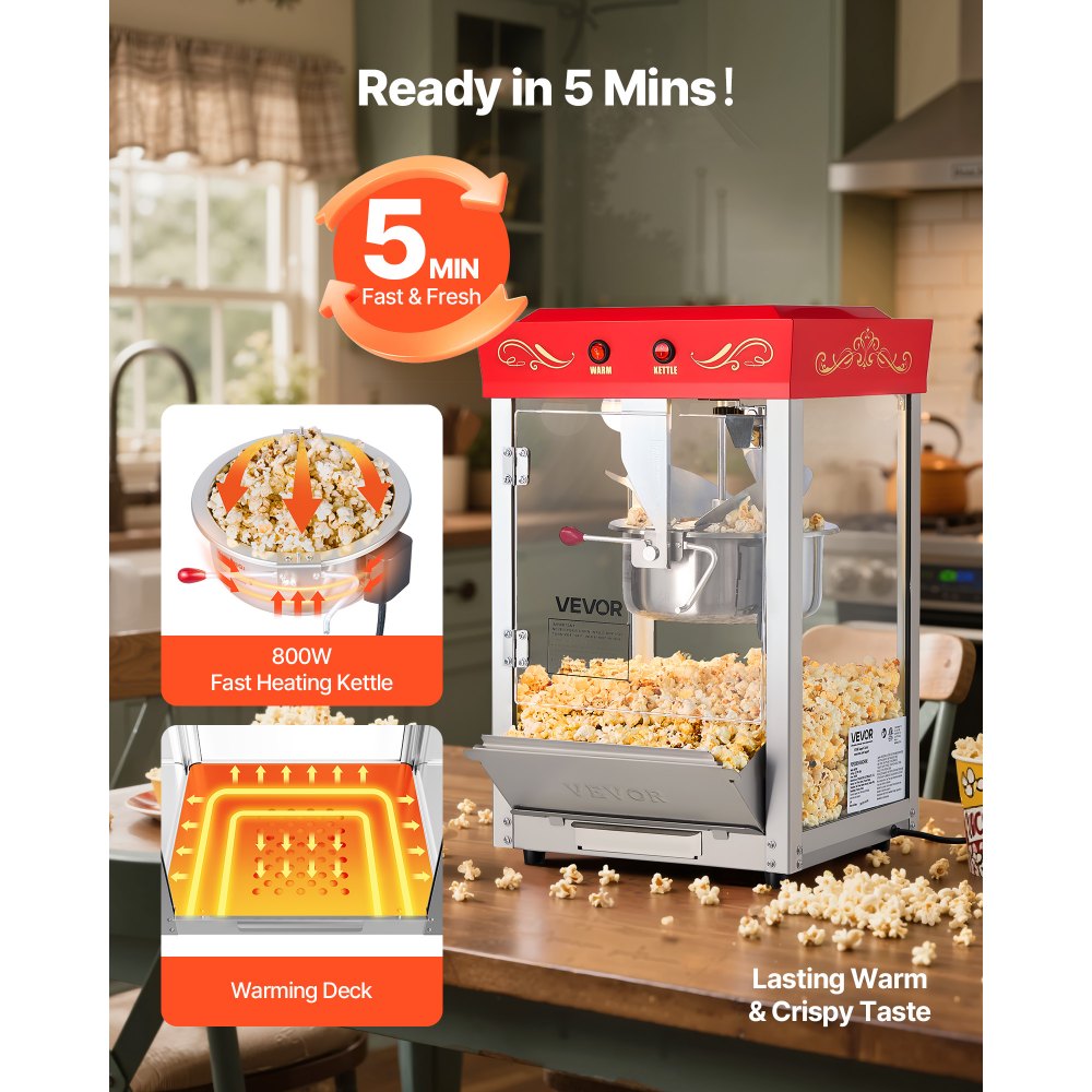 VEVOR Popcorn Machine, 8oz Stainless Steel Kettle, 800W Commercial Countertop Popcorn Maker, 48 Cups per Batch Theater Style Popper, with 2-Button Control Glass Wall PC Door 1 Scoop 3 Spoons, Red