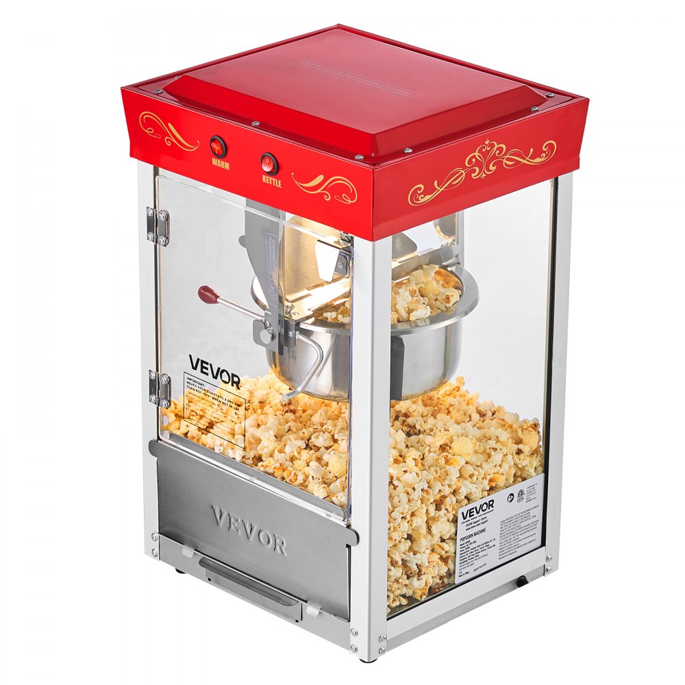 VEVOR Popcorn Machine, 8oz Stainless Steel Kettle, 800W Commercial Countertop Popcorn Maker, 48 Cups per Batch Theater Style Popper, with 2-Button Control Glass Wall PC Door 1 Scoop 3 Spoons, Red