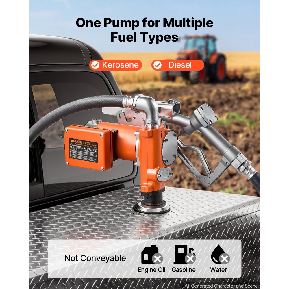 VEVOR Fuel Transfer Pump 12V DC 20 GPM Tank Mount Electric Diesel Pump Kit, for Diesel Kerosene, 1/4 HP Motor, Heavy Duty Cast Iron Housing, with Manual Fuel Nozzle, Discharge Hose, Fixed Mounting Base