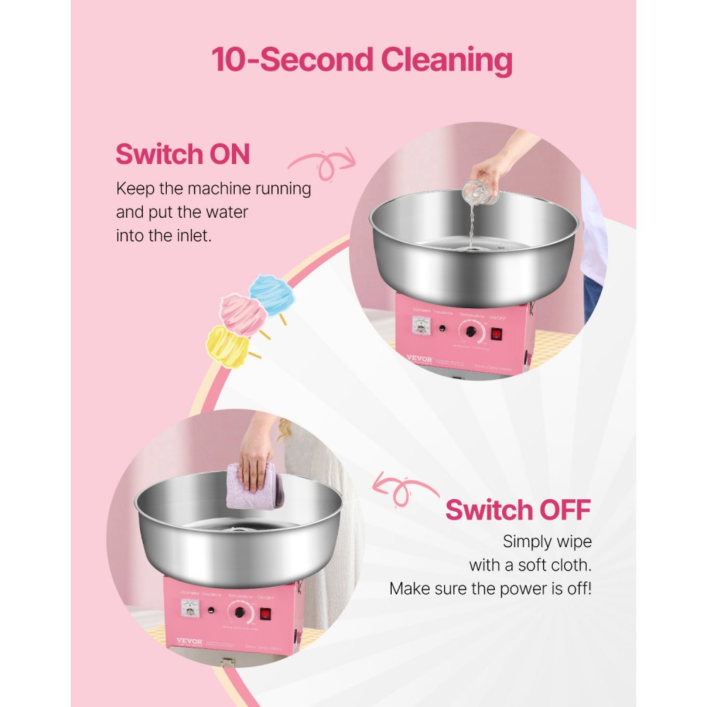 VEVOR Electric Cotton Candy Machine, 1000W Commercial Candy Floss Maker with 20.5 in Stainless Steel Bowl, Sugar Scoop, and Drawer, Easy Home Use, Perfect for Kids Birthday, Family Party, Pink