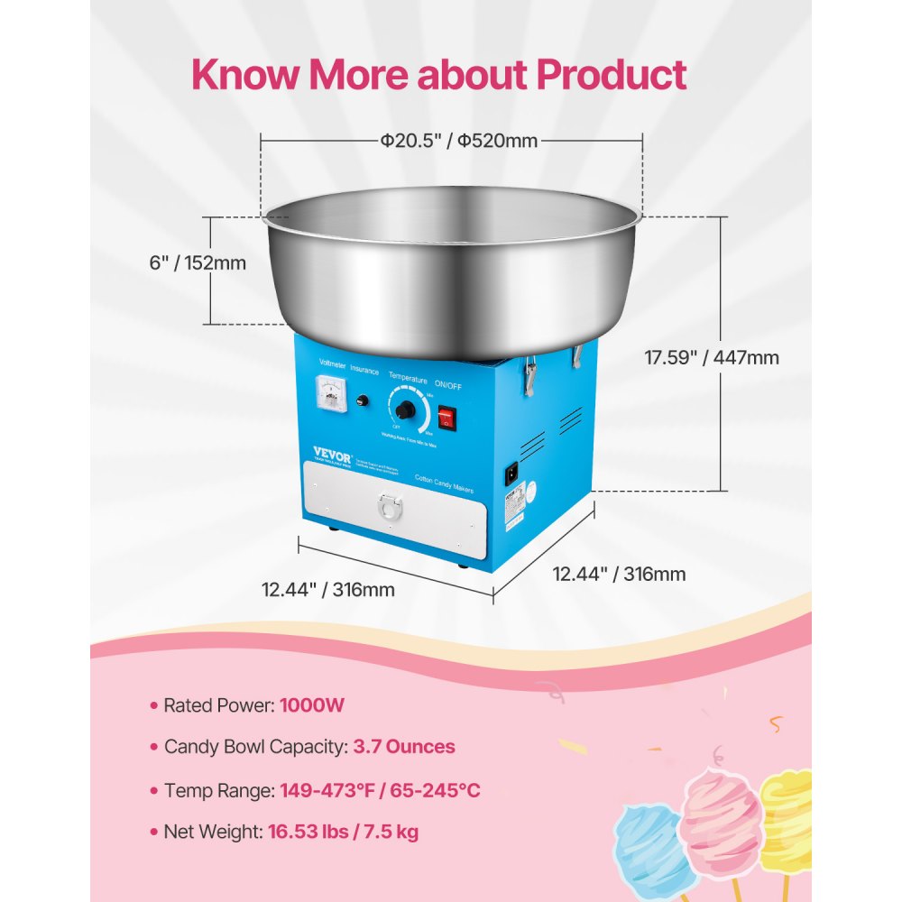 VEVOR Electric Cotton Candy Machine, 1000W Commercial Candy Floss Maker with 20.5 in Stainless Steel Bowl, Sugar Scoop, and Drawer, Easy Home Use, Perfect for Kids Birthday, Family Party, Blue