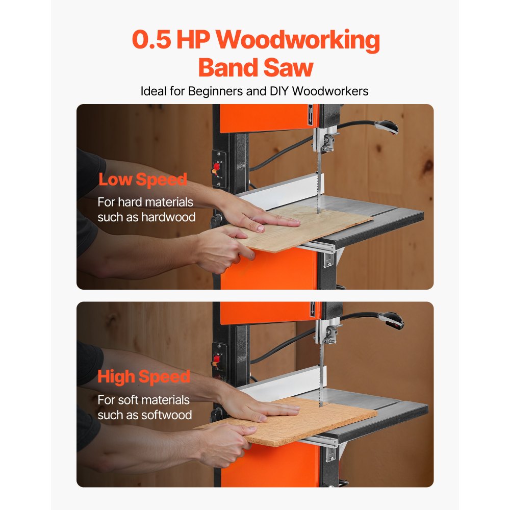 VEVOR 0.5 HP Woodworking Band Saw - Two-Speed Cutting (Low Speed / High Speed)