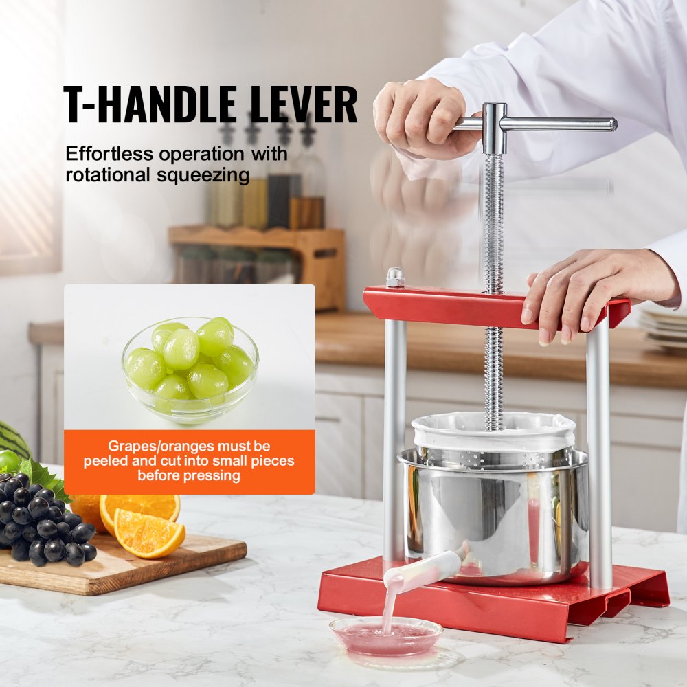 VEVOR Fruit Wine Press, 0.88 Gallon/3.36L, 2 Stainless Steel Barrels, Manual Juice Maker, Cider Apple Grape Tincture Vegetables Honey Olive Oil Making Press with T-Handle for Outdoor, Kitchen and Home