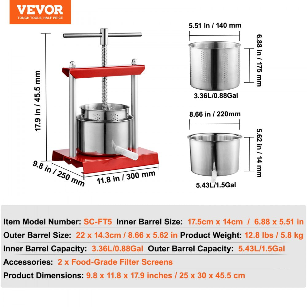 VEVOR Fruit Wine Press, 0.88 Gallon/3.36L, 2 Stainless Steel Barrels, Manual Juice Maker, Cider Apple Grape Tincture Vegetables Honey Olive Oil Making Press with T-Handle for Outdoor, Kitchen and Home