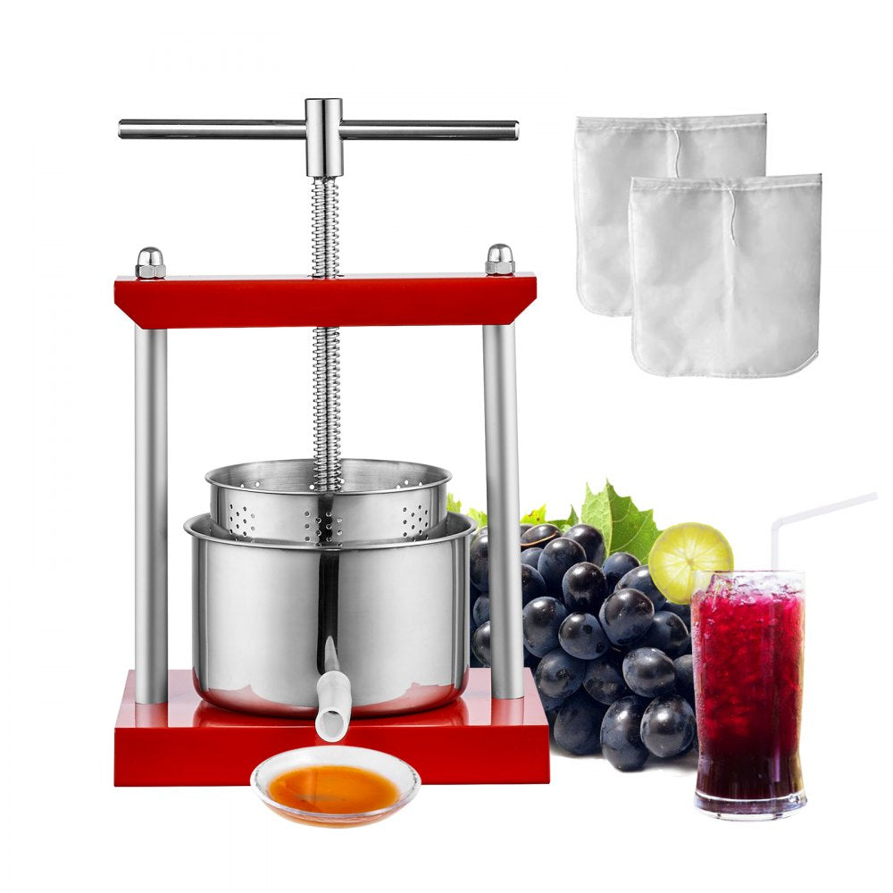 VEVOR Fruit Wine Press, 0.88 Gallon/3.36L, 2 Stainless Steel Barrels, Manual Juice Maker, Cider Apple Grape Tincture Vegetables Honey Olive Oil Making Press with T-Handle for Outdoor, Kitchen and Home