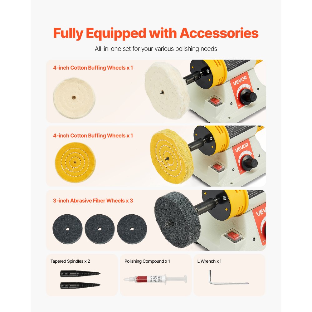 VEVOR Bench Buffer Polisher, 1/2HP Polishing and Buffing Machine, 0 to 8000RPM Benchtop Polisher with 2PCS 4" Cotton Wheel, 3PCS 3" Abrasive Fiber Wheels & Polishing Compound for Metal Jewelry Wood