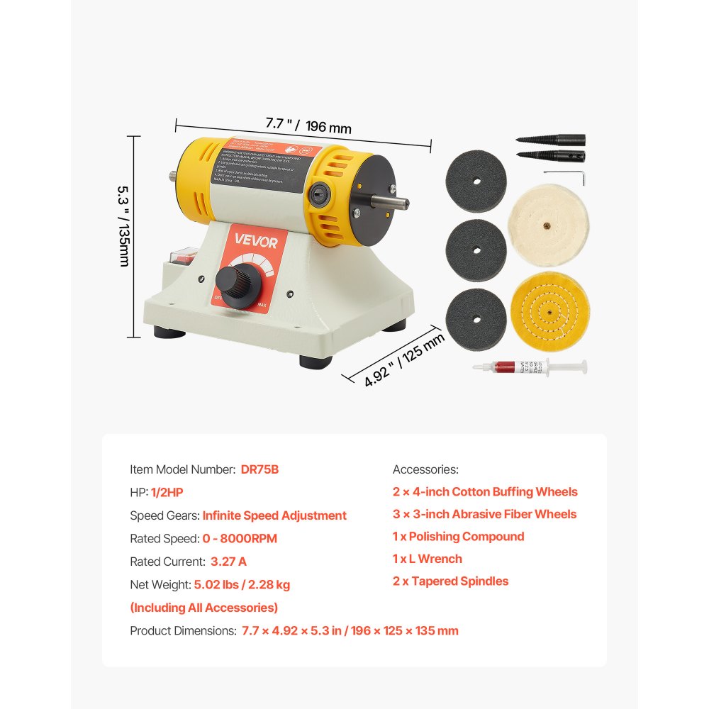 VEVOR Bench Buffer Polisher, 1/2HP Polishing and Buffing Machine, 0 to 8000RPM Benchtop Polisher with 2PCS 4" Cotton Wheel, 3PCS 3" Abrasive Fiber Wheels & Polishing Compound for Metal Jewelry Wood