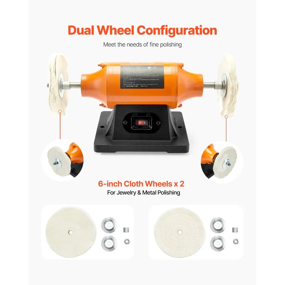 VEVOR 1/2HP Bench Buffer Polisher, 6-inch Bench Polishing Buffing Machine, 3450RPM Single Speed Benchtop Polisher with 2PCS Cloth Wheels & Cast Iron Base for Metal, Jewelry, Wood Polishing