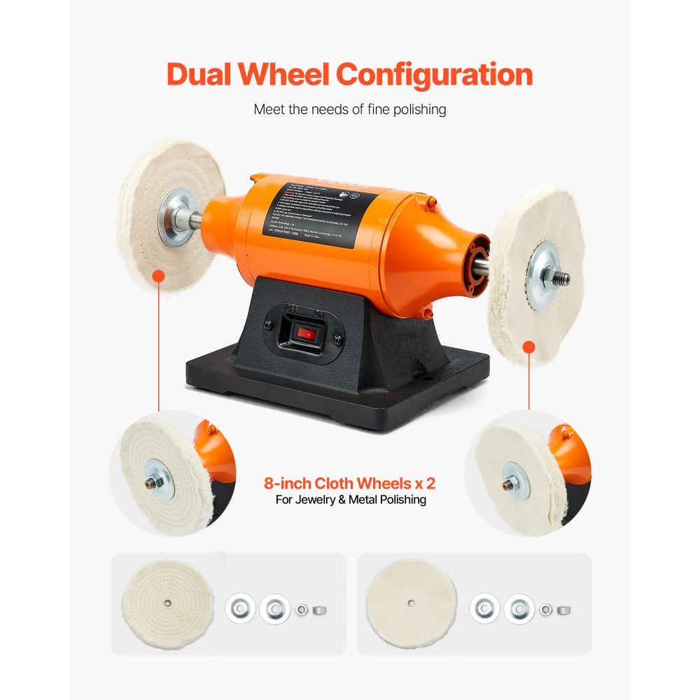 VEVOR 3/4HP Bench Buffer Polisher, 8-inch Bench Polishing Buffing Machine, 3450RPM Single Speed Benchtop Polisher with 2PCS Cloth Wheels & Cast Iron Base for Metal, Jewelry, Wood Polishing