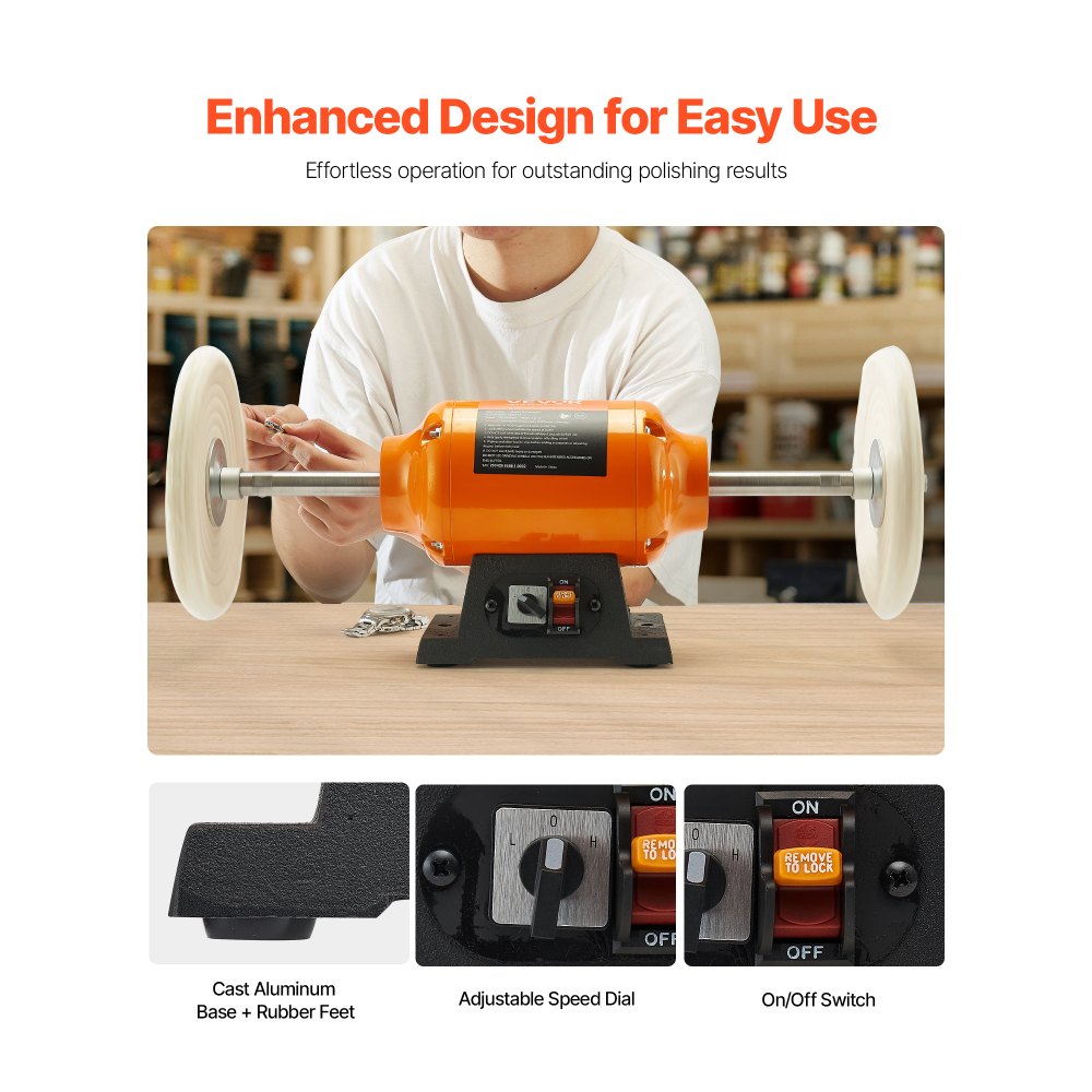 VEVOR 1/2HP Bench Buffer Polisher, 8-inch Bench Polishing Buffing Machine, 1725RPM/3450RPM Dual Speed Benchtop Polisher with 2PCS Cotton Wheels & Cast Iron Base for Metal, Jewelry, Wood Polishing