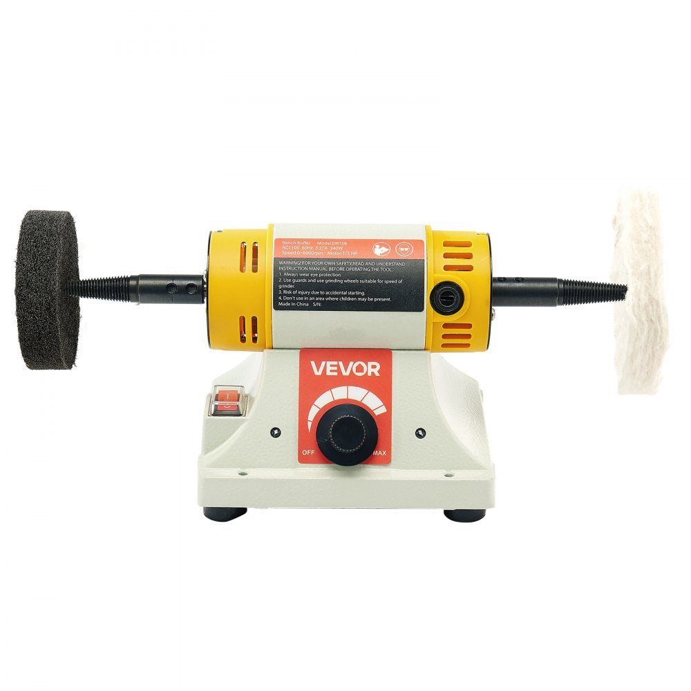 VEVOR Bench Buffer Polisher, 1/2HP Polishing Buffing Machine, 0 to 8000RPM Benchtop Polisher Grinder with 4" Cloth Wheel, 3" Grinding Wheel & 3" Fiber Wheel for Metal, Jewelry, Wood and Plastic