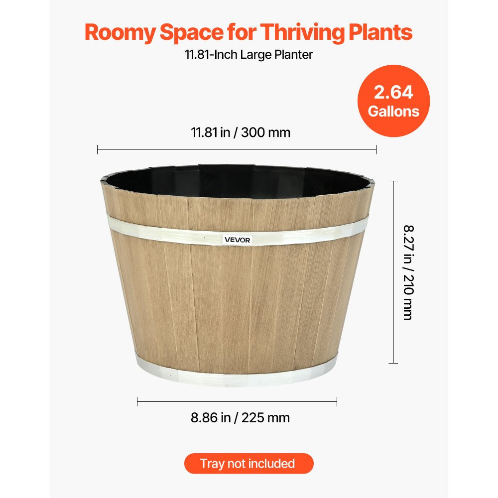 VEVOR Plant Pots, 4 Pack 11.81 inch Whiskey Barrel Planters with Drainage Holes, Large Outside Plastic Decoration Flower Pot Imitation Wine Barrel Design for Indoor Outdoor Garden Home Plants, Brown