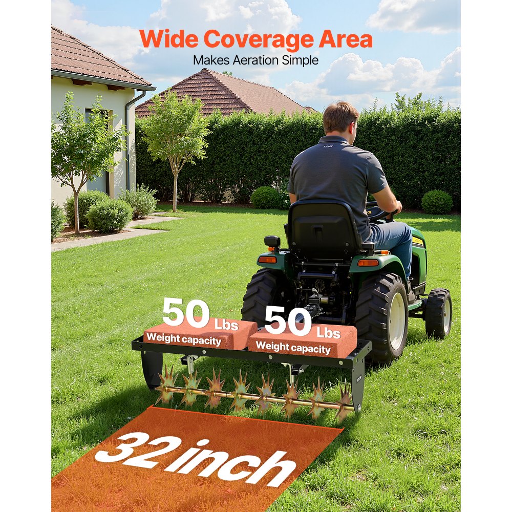 VEVOR Tow Behind Plug Aerator, 32 in Lawn Spike Aerator with Universal Hitch, Heavy Duty & Rust-Resistant, Pull Behind Spike Aerator Tool with Folded Edge Tray, for Farmland & Garden Tractors
