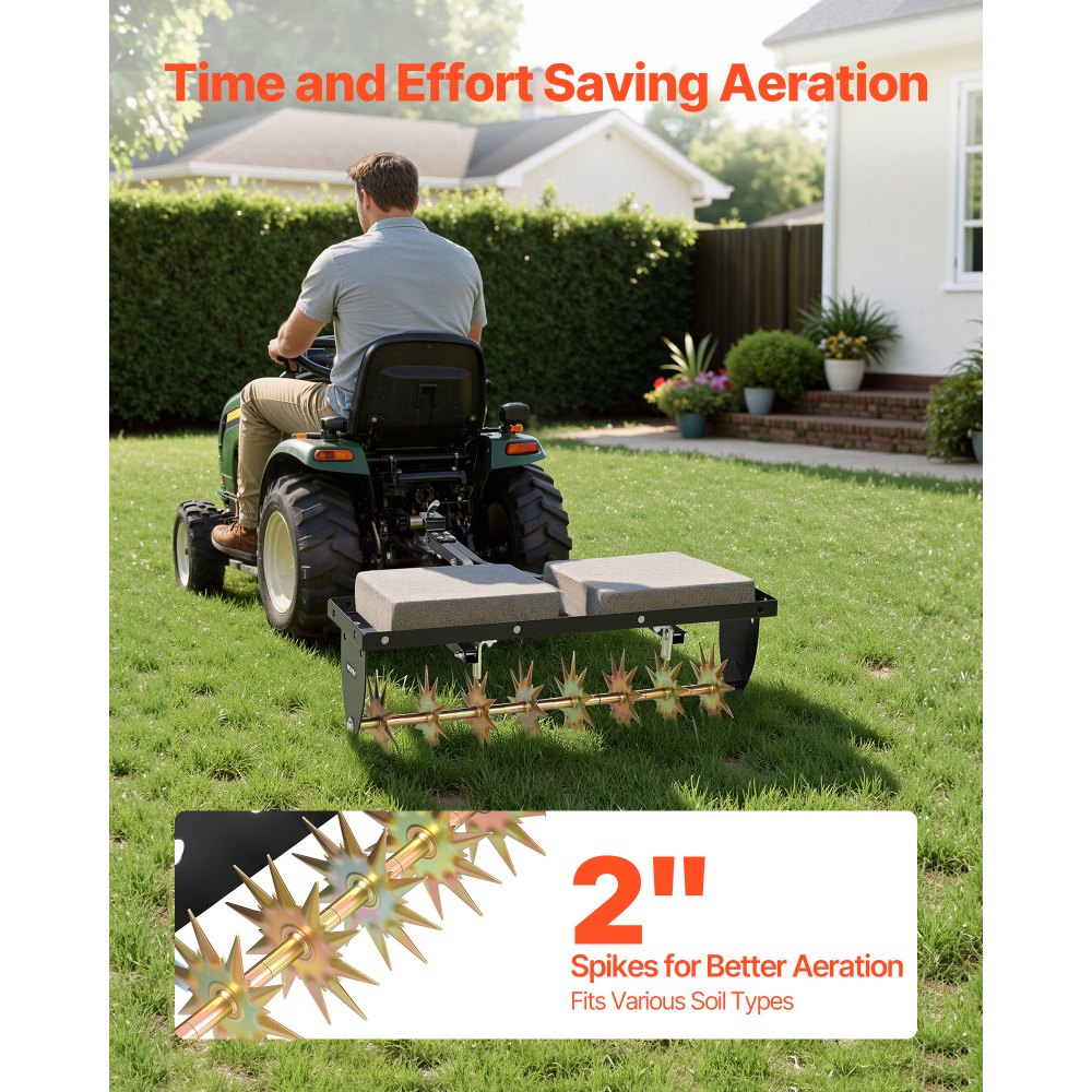 VEVOR Tow Behind Plug Aerator, 32 in Lawn Spike Aerator with Universal Hitch, Heavy Duty & Rust-Resistant, Pull Behind Spike Aerator Tool with Folded Edge Tray, for Farmland & Garden Tractors