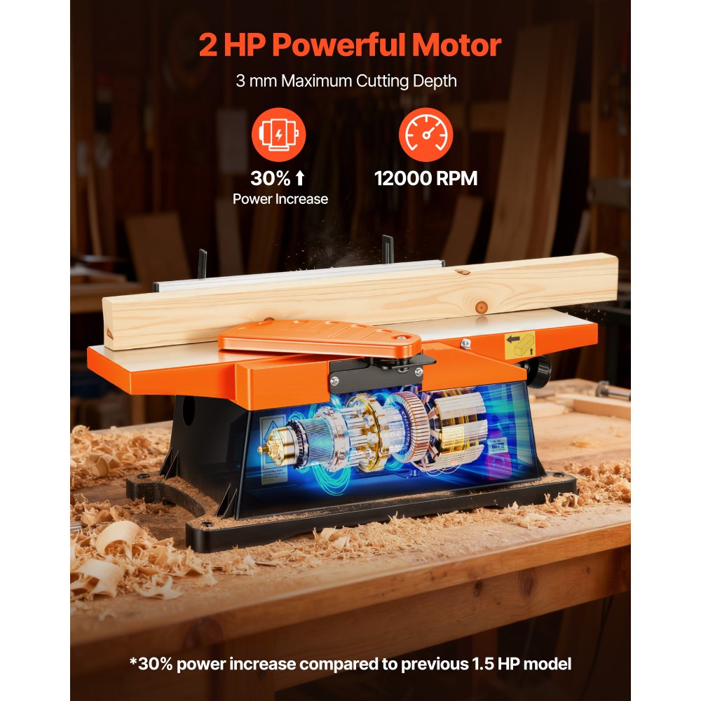 VEVOR Spiral Benchtop Jointer, 6 in, 2 HP 12000 RPM Bench Top Wood Jointer, with 12-Blade Spiral Cutterhead, Up to 1/8 in Depth, Adjustable Fence, 6 x 23 in Cast Aluminum Table, for Woodworking DIY