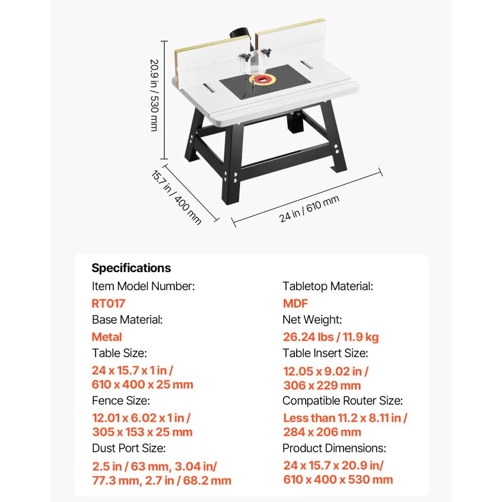 VEVOR Benchtop Router Table, 24 in x 15.7 in, Bench Top Routing Table with Adjustable Fence, MDF Top, Sturdy Metal Base, 2-1/2 in Dust Collection Port, Compatible with Routes & Various Drill Bits