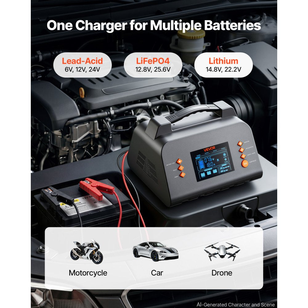VEVOR Smart Battery Charger 25A 6V 12V 24V for Lithium LiFePO4 Lead-Acid, Compatible with Cars Motorcycles Mid-Size RVs, Trickle Charging Maintainer Desulfator, Charger with 3.8 Inch LCD Display