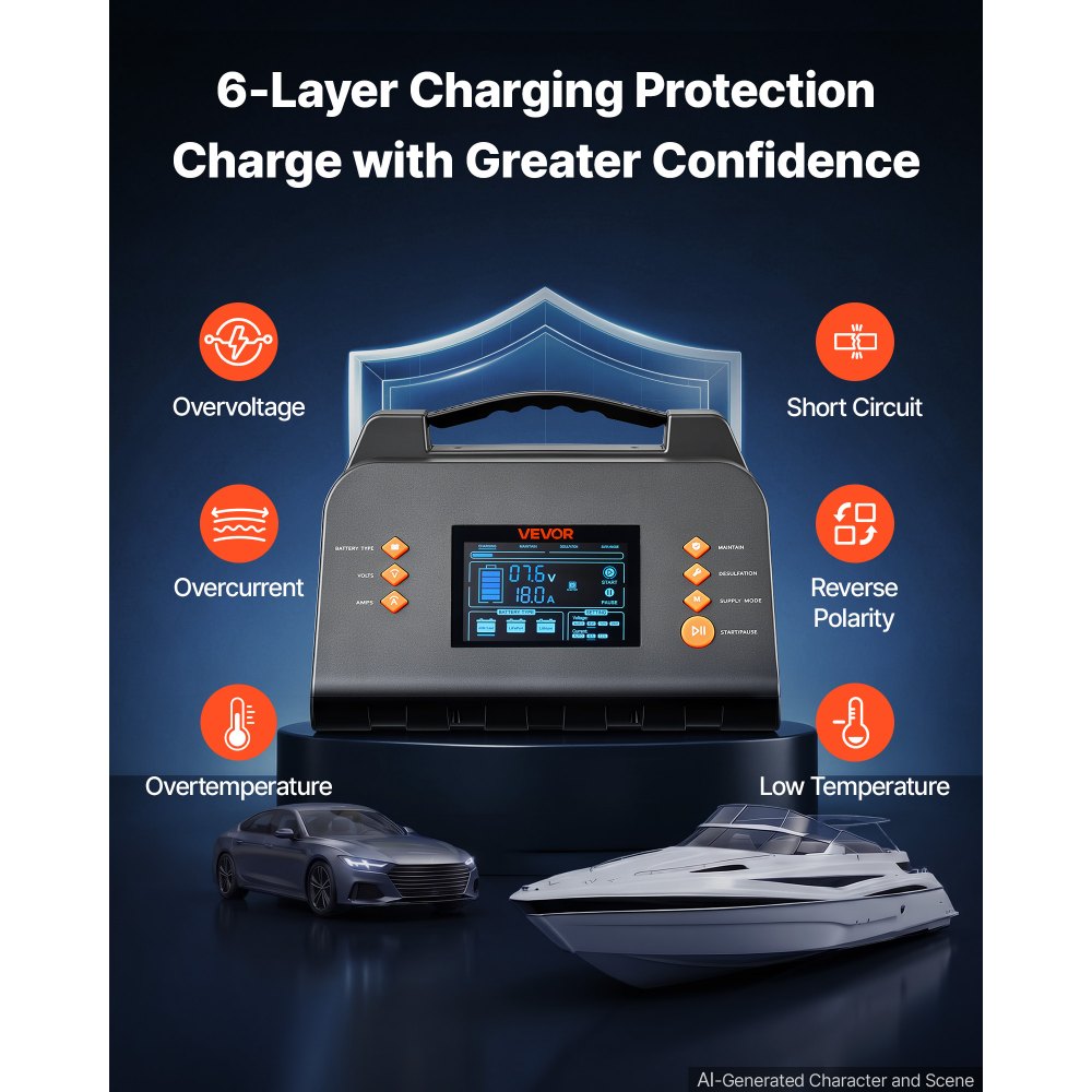 VEVOR Smart Battery Charger 25A 6V 12V 24V for Lithium LiFePO4 Lead-Acid, Compatible with Cars Motorcycles Mid-Size RVs, Trickle Charging Maintainer Desulfator, Charger with 3.8 Inch LCD Display