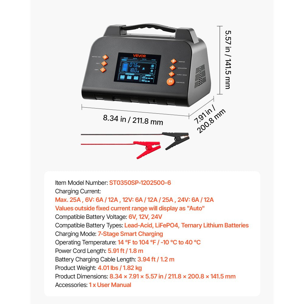 VEVOR Smart Battery Charger 25A 6V 12V 24V for Lithium LiFePO4 Lead-Acid, Compatible with Cars Motorcycles Mid-Size RVs, Trickle Charging Maintainer Desulfator, Charger with 3.8 Inch LCD Display