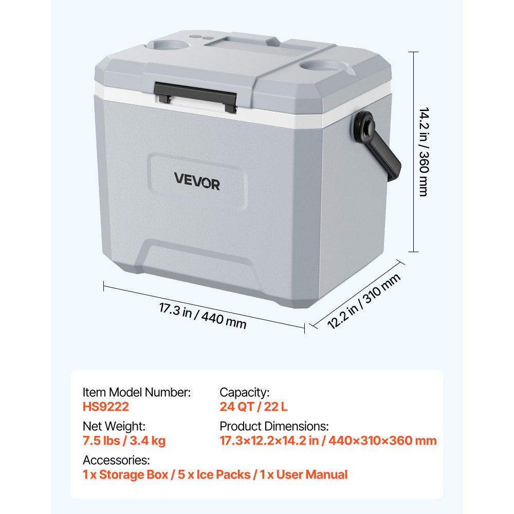 VEVOR Hard Cooler, 24QT Portable Cooler, Leak-Resistant Coolbox Keeps Contents Cool for 48 Hours, Insulated Chests with Ice Retention and Heavy-Duty Handle, Ultra-Light for Camping, Concerts, Sports