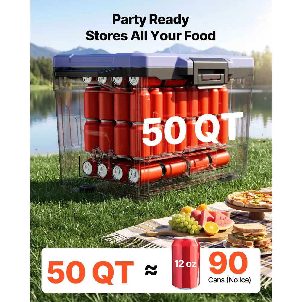 VEVOR Hard Cooler, 50QT Portable Cooler, Leak-Resistant Coolbox Keeps Contents Cool for 48 Hours, Insulated Chests with Ice Retention and Heavy-Duty Handle, Ultra-Light for Camping, Concerts, Sports
