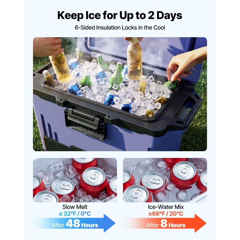 VEVOR Hard Cooler, 50QT Portable Cooler, Leak-Resistant Coolbox Keeps Contents Cool for 48 Hours, Insulated Chests with Ice Retention and Heavy-Duty Handle, Ultra-Light for Camping, Concerts, Sports