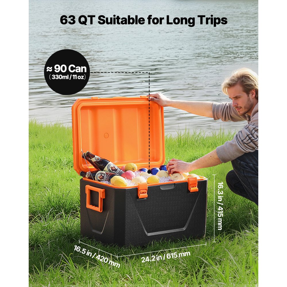 VEVOR Portable Cooler, 63 QT Hard Cooler with Ice Retention, Heavy-Duty Handles and Cup Holder, Lightweight Rigid Material Insulated Portable Cooler, Suitable for Family Picnics and Long Trips