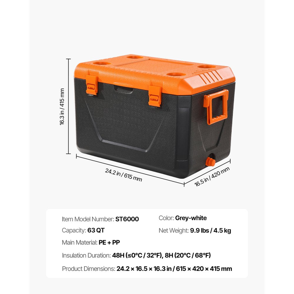 VEVOR Portable Cooler, 63 QT Hard Cooler with Ice Retention, Heavy-Duty Handles and Cup Holder, Lightweight Rigid Material Insulated Portable Cooler, Suitable for Family Picnics and Long Trips