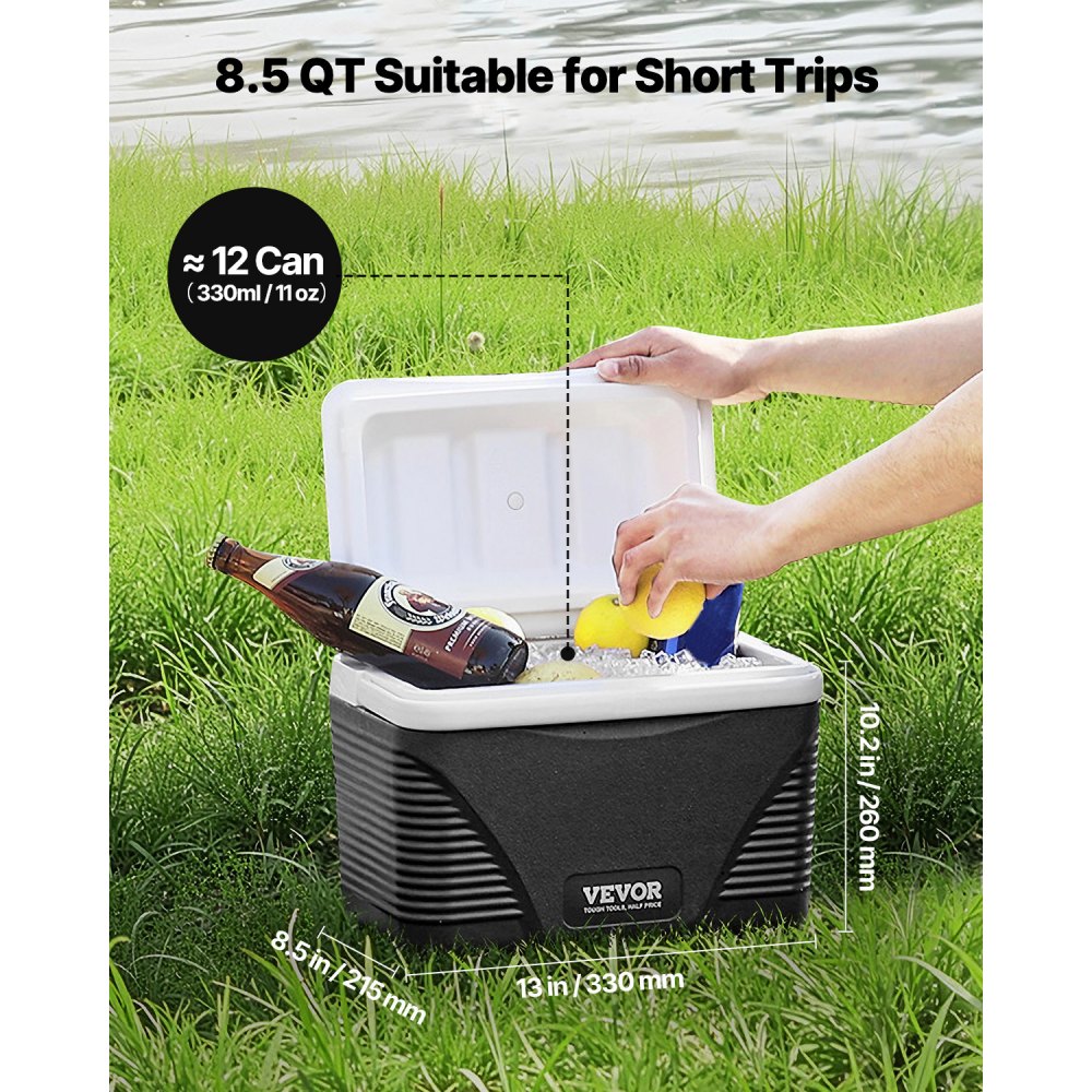 VEVOR Portable Cooler, 8.5 QT Hard Cooler with Ice Retention and Heavy-Duty Handles, Lightweight Rigid Material Insulated Portable Cooler, Suitable for Family Picnics and Short Trips