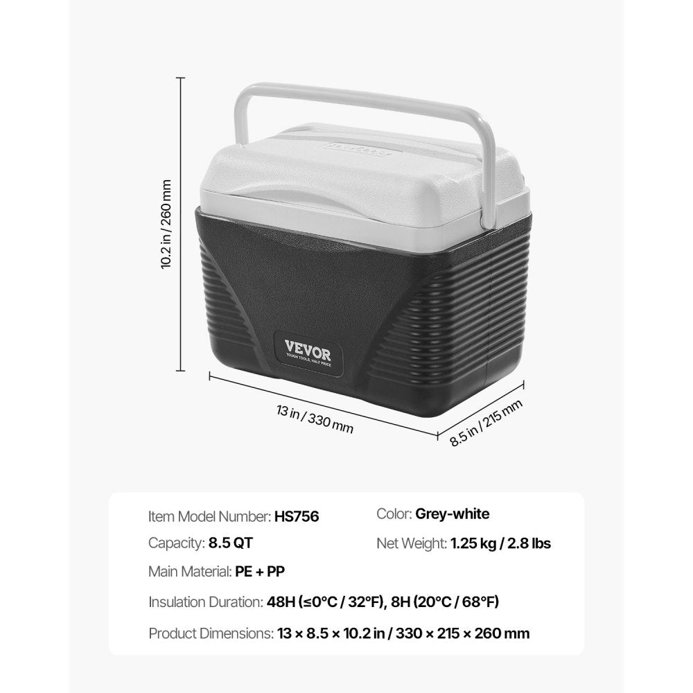 VEVOR Portable Cooler, 8.5 QT Hard Cooler with Ice Retention and Heavy-Duty Handles, Lightweight Rigid Material Insulated Portable Cooler, Suitable for Family Picnics and Short Trips