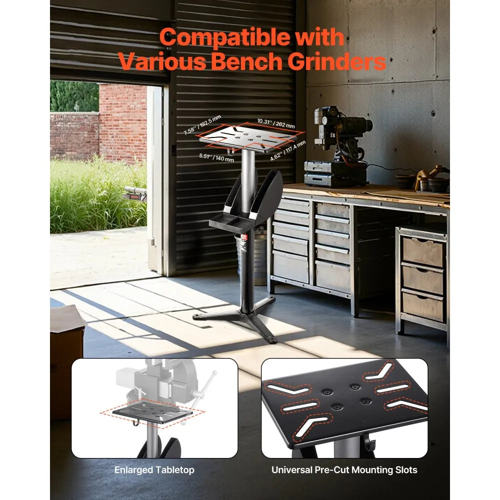 VEVOR Bench Grinder Stand, Bench Grinder Vise Floor Pedestal with 12" x 10" Mounting Plate, 5-Level Height Adjustable Pedestal Stand with Grinding Wheel Storage Compartment & Heavy-Duty Cast Iron Base