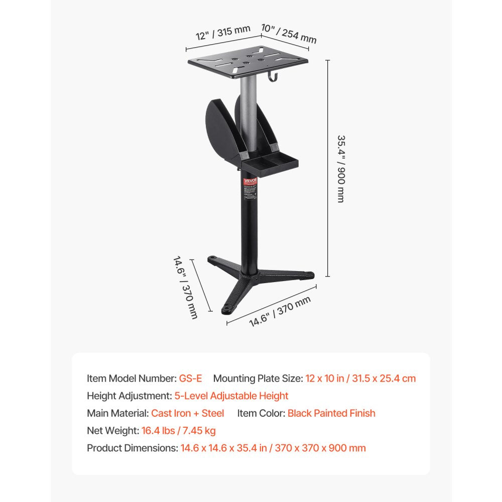 VEVOR Bench Grinder Stand, Bench Grinder Vise Floor Pedestal with 12" x 10" Mounting Plate, 5-Level Height Adjustable Pedestal Stand with Grinding Wheel Storage Compartment & Heavy-Duty Cast Iron Base