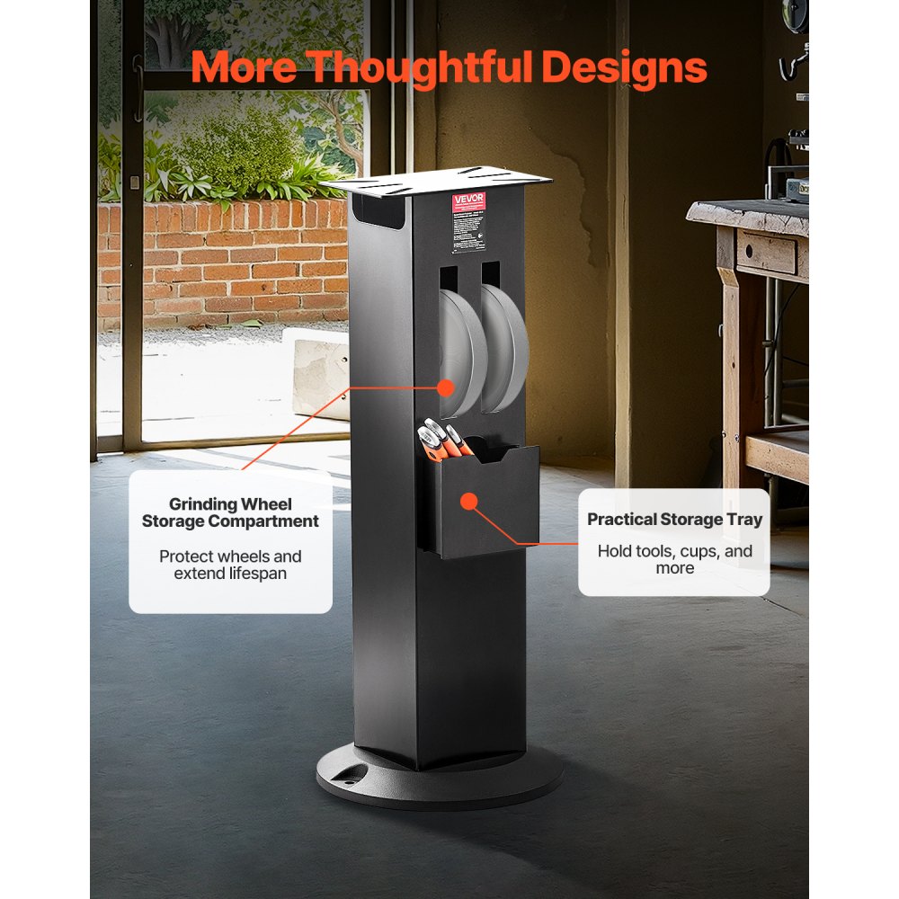 VEVOR Bench Grinder Stand, Heavy-Duty Bench Grinder and Vise Floor Pedestal with 11" x 6.7" Mounting Plate, Grinding Wheel Storage Compartments & Cast Iron Base, Compatible with Most Bench Grinders