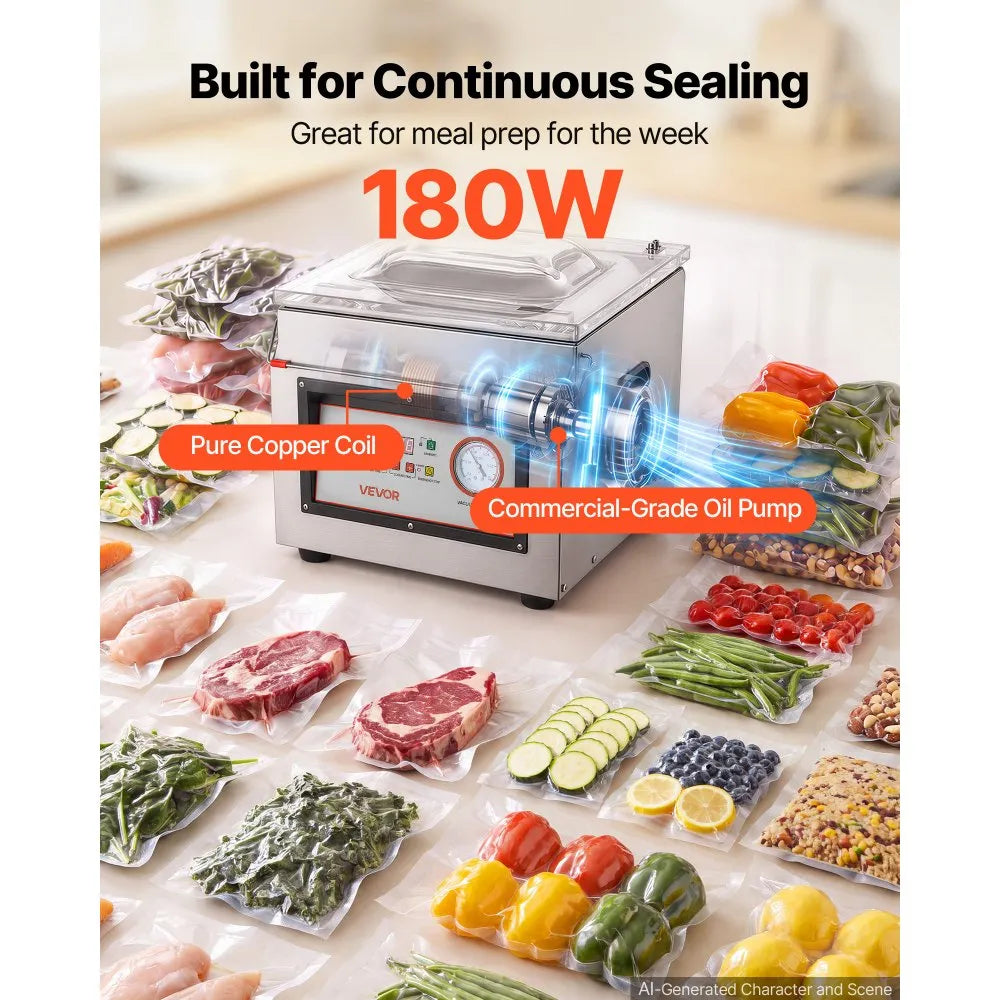 VEVOR Chamber Vacuum Sealer 2.2 Gal Chamber 12" Seal Bar Packing Machine, for Home Kitchen Use, 180W Commercial-Grade Oil Pump, Stainless Steel Food Packaging Machine for Meats, Marinades & Sous Vide