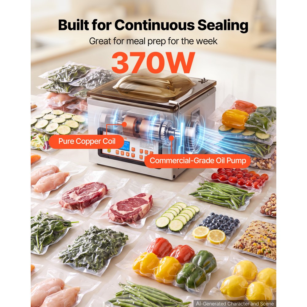 VEVOR Chamber Vacuum Sealer 3.1 Gal Chamber 12" Seal Bar Packing Machine, for Home Kitchen Use, 370W Commercial-Grade Oil Pump, Food Packaging Machine for Meats, Marinades, Mason Jar Kit & Sous Vide