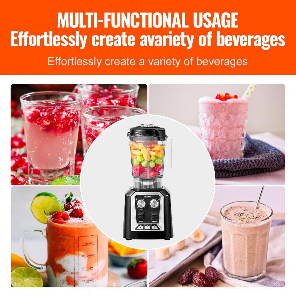 VEVOR Professional Blender, Commercial Countertop Blenders, 68 oz Plastic Jar Blender Combo, Stainless Steel 3 Functions Blender, for Frozen Drinks, Shakes, Smoothies, Peree, and Crush Ice, Black