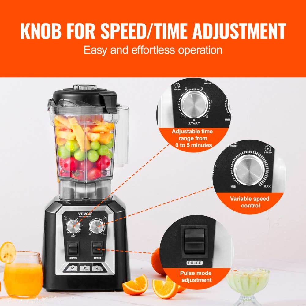 VEVOR Professional Blender, Commercial Countertop Blenders, 68 oz Plastic Jar Blender Combo, Stainless Steel 3 Functions Blender, for Frozen Drinks, Shakes, Smoothies, Peree, and Crush Ice, Black